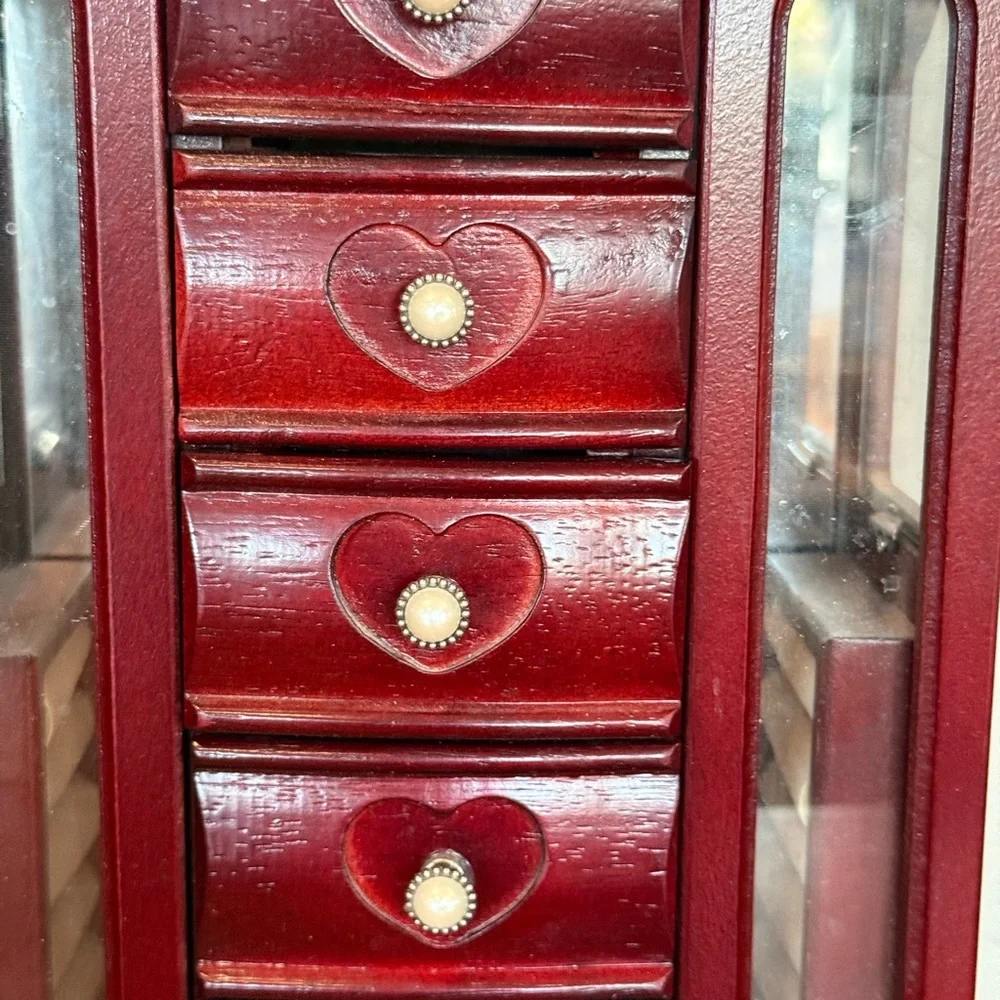 Vintage Cherry Wooden Jewelry Armoire Organizer with Heart Accents‎ cubby hooks